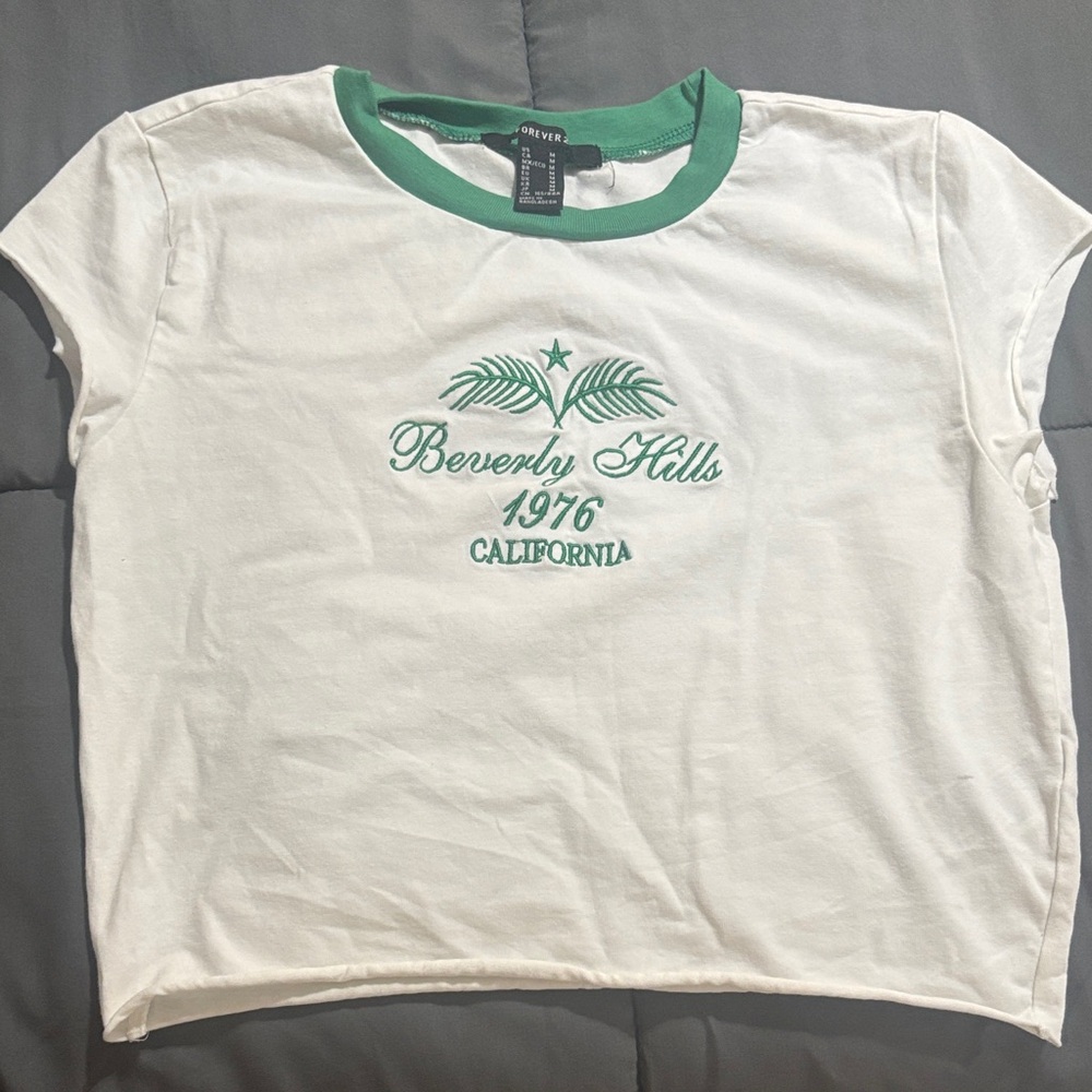 Forever 21 White Crop Top with Green Details